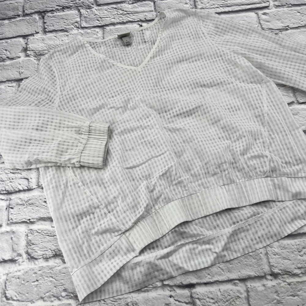 A New Day Womens Shirt Blouse White Long Sleeve V Neck Size Large Cropped Casual